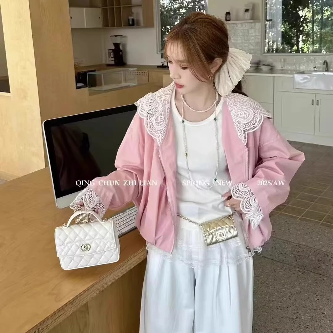 欧货重工蕾丝拼接连帽拉链短款外套女2025春装休闲百搭夹克上衣潮