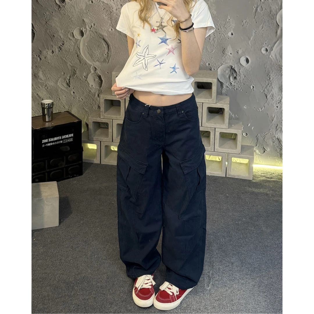 美式高街多口袋直筒工装裤女夏季新款褶皱设计感休闲宽松阔腿裤子
