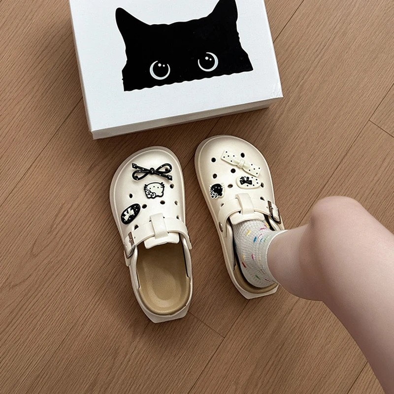 卡通kitty厚底增高洞洞鞋女2025夏季新款外穿包头半拖黑色凉拖鞋