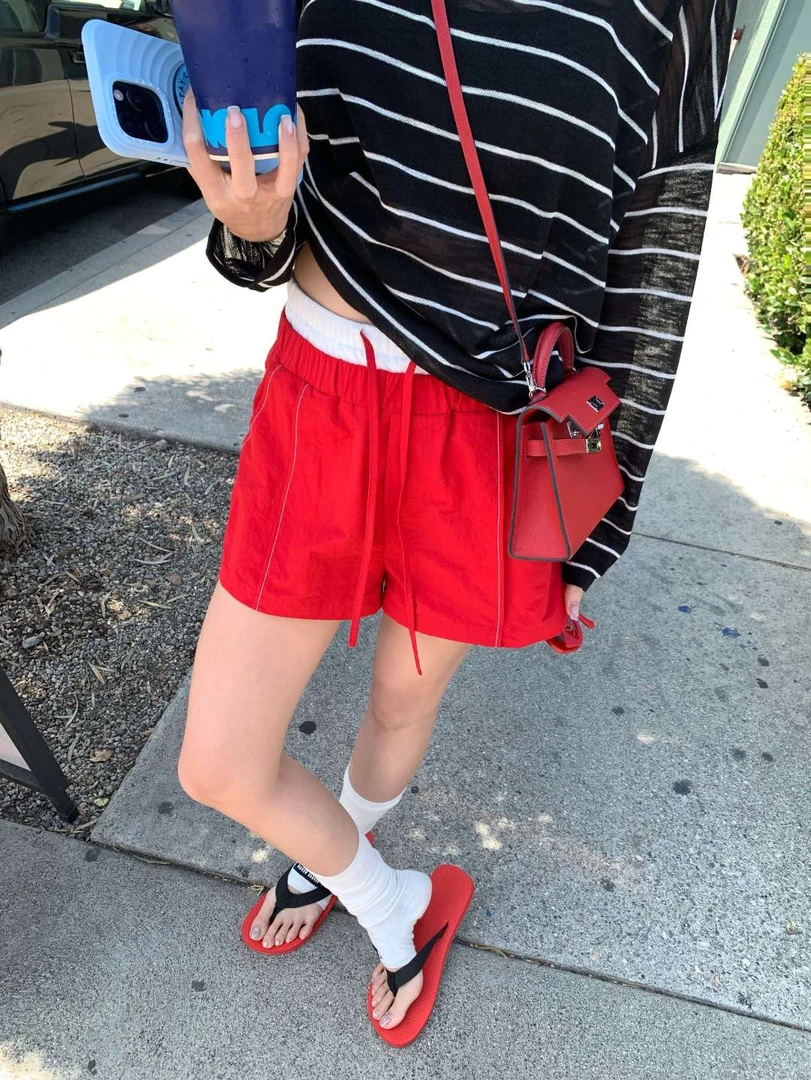 PPLAND【莓果千层】红色高腰休闲裤子女夏季宽松显瘦撞色直筒短裤