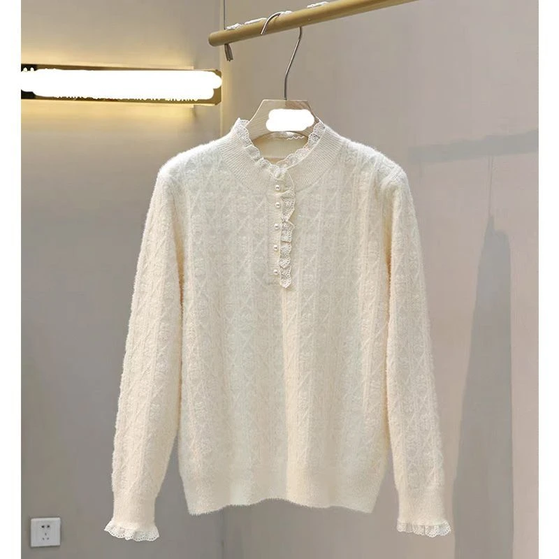秋冬气质拼蕾丝领珍珠扣毛衣女2024新款时尚洋气高级感针织衫内搭