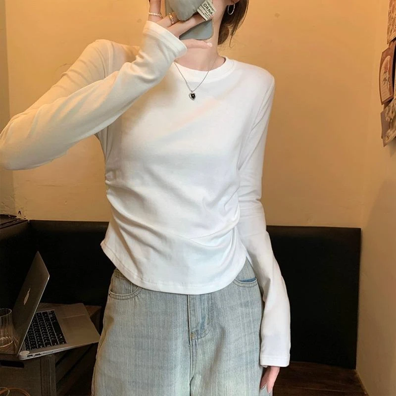 春秋冬白色磨毛打底衫女弧形下摆T恤修身加厚收腰褶皱长袖上衣