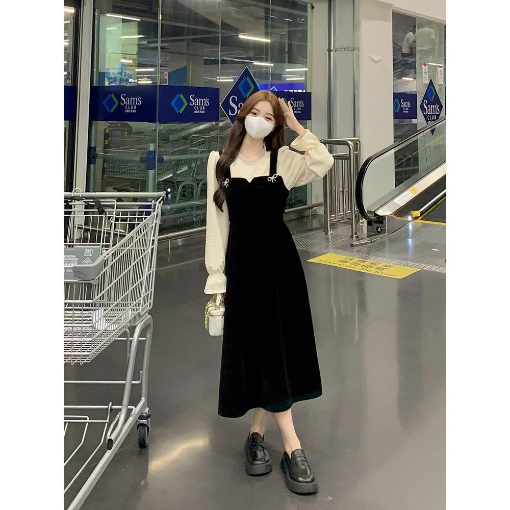 秋冬季赫本风高级感丝绒假两件连衣裙女小个子法式小香风黑色裙子