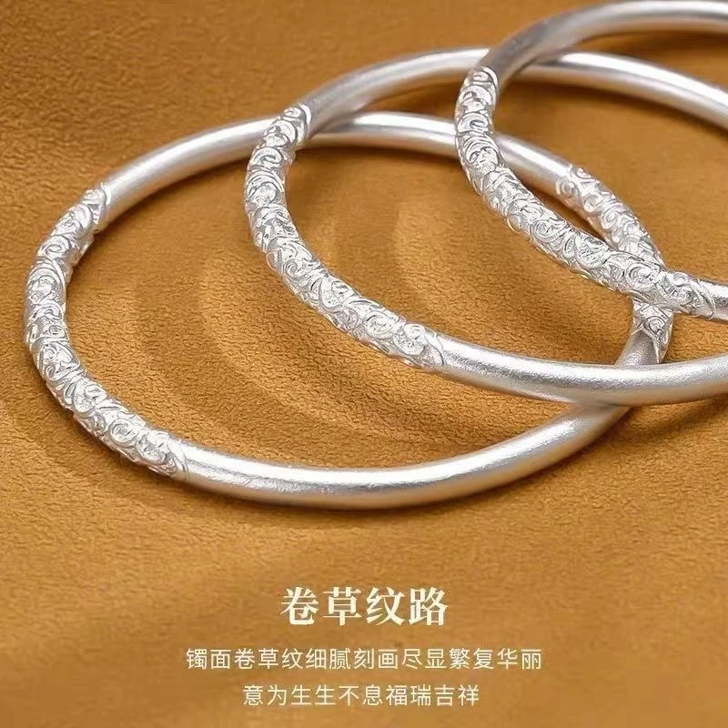 足银手镯 银卷草纹手镯实心古法闭环小众卷草纹手镯送妈妈礼x