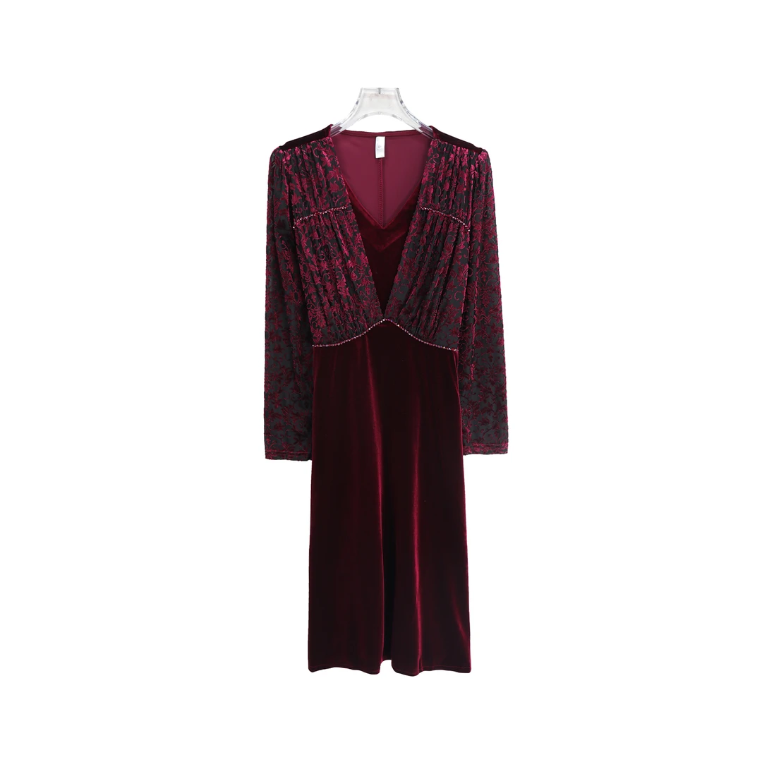 轻奢拼接显瘦气质复古印花中长款连衣裙S4475