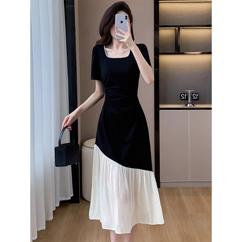 法式简约大方时尚气质拼接撞色方领连衣裙女收腰遮肉显瘦温柔长裙