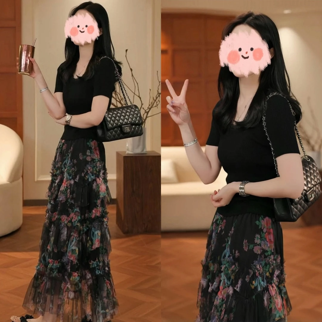 夏季小众高级感套装2025新款黑色针织短袖上衣百搭网纱半身裙套装