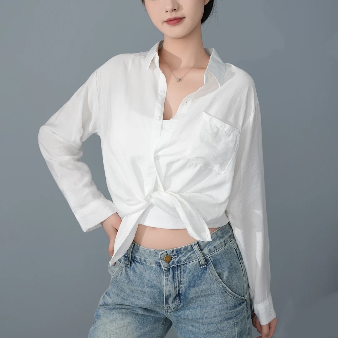 白色Polo领薄款休闲叠穿长袖衬衫女2025新款宽松独特超好看开上衣