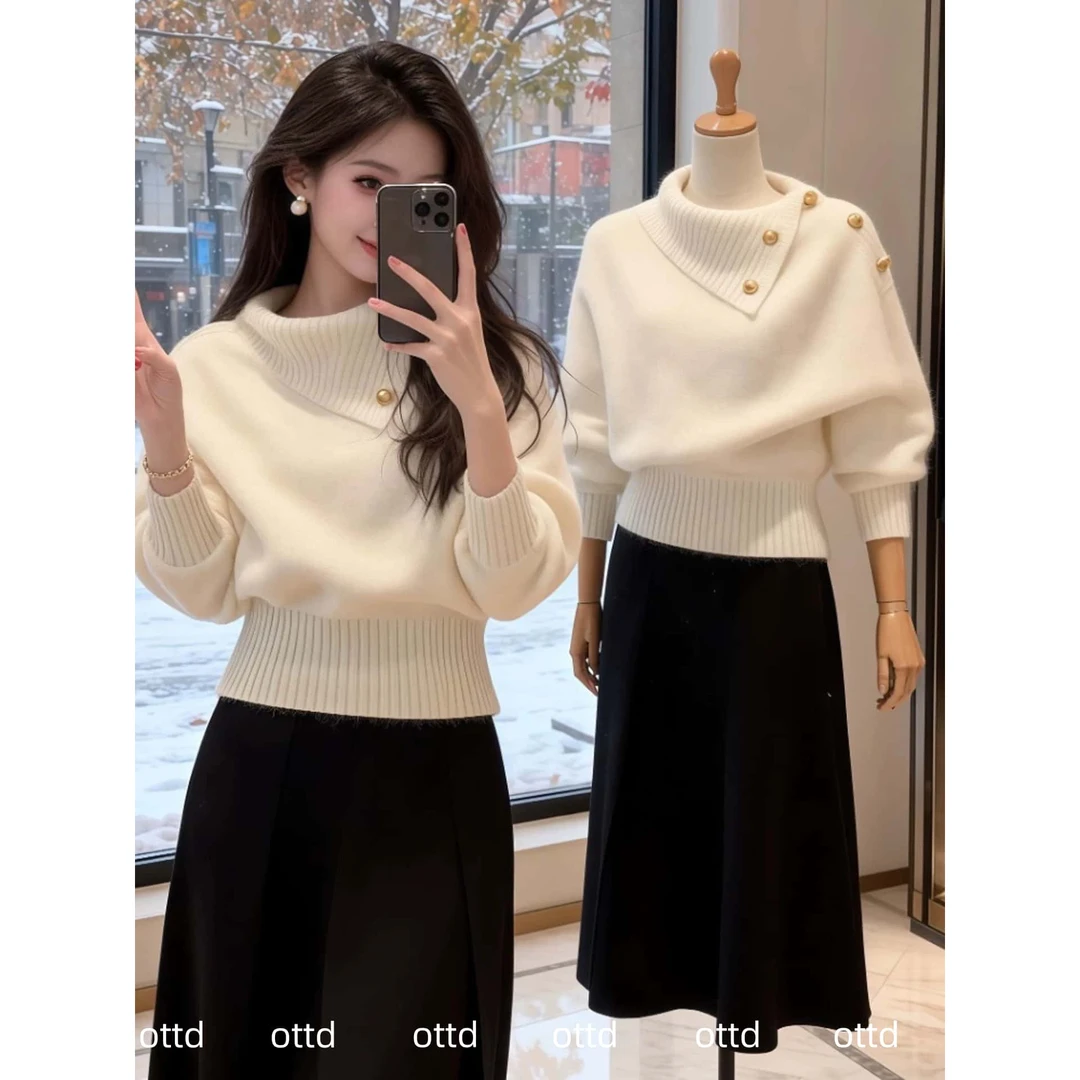 韩系设计感白色翻领长袖针织衫上衣2025秋冬新款修身显瘦减龄毛衣