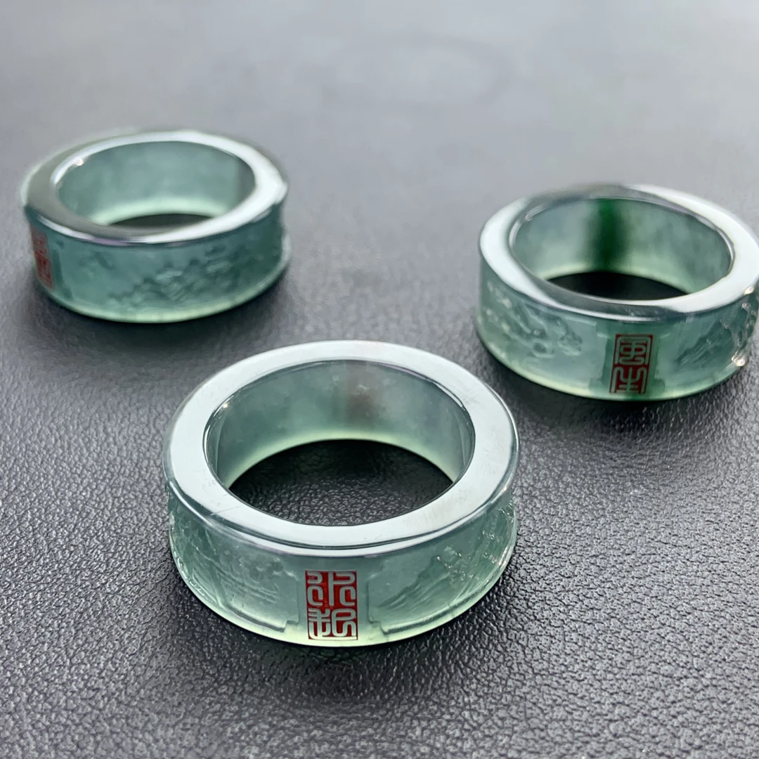 【风生水起】天然翡翠高冰种晴水红字红印山水字印戒指多样性发货