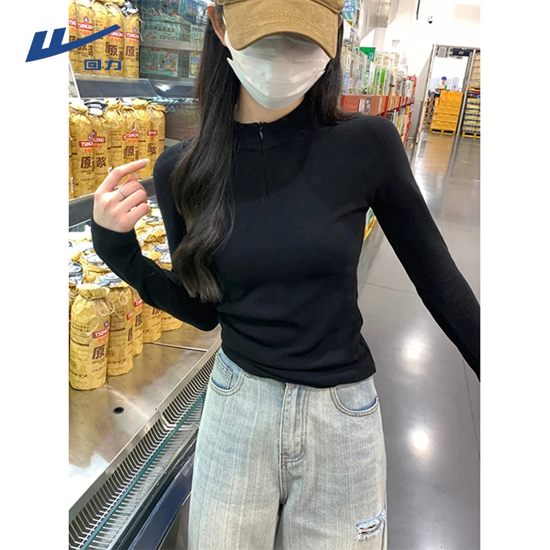 Warrior/回力纯色打底上衣2025秋季新款时尚修身百搭短款气质长袖