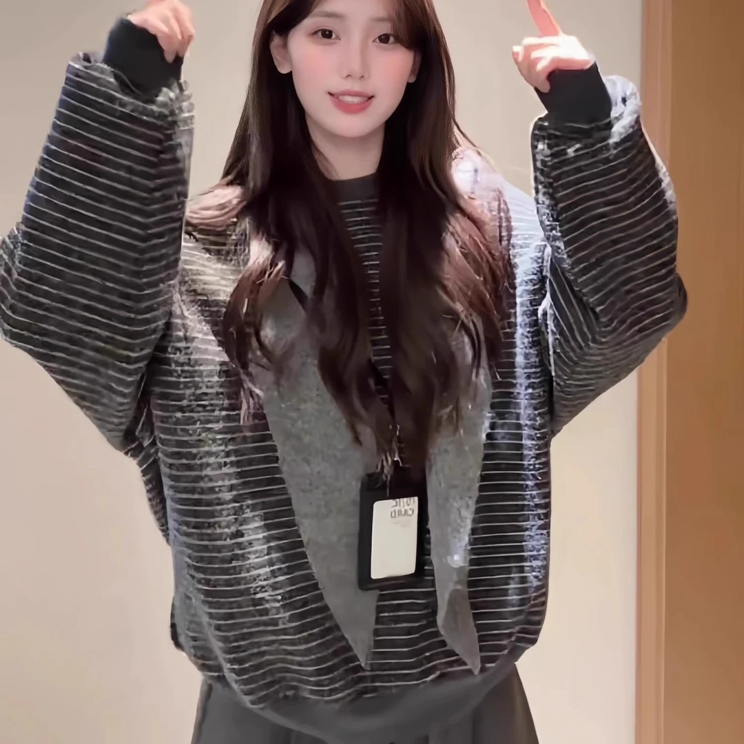 仿兔绒横条纹圆领套头卫衣女秋冬季宽松百搭柔软加厚打底长袖上衣