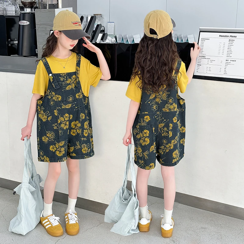 女童牛仔印花背带短裤套装夏季新款时尚洋气中大童休闲两件套