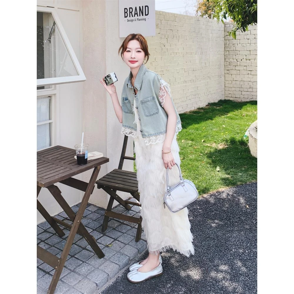 蕾丝拼接牛仔流苏吊带连衣裙套装女夏2025新款减龄韩系甜美两件套
