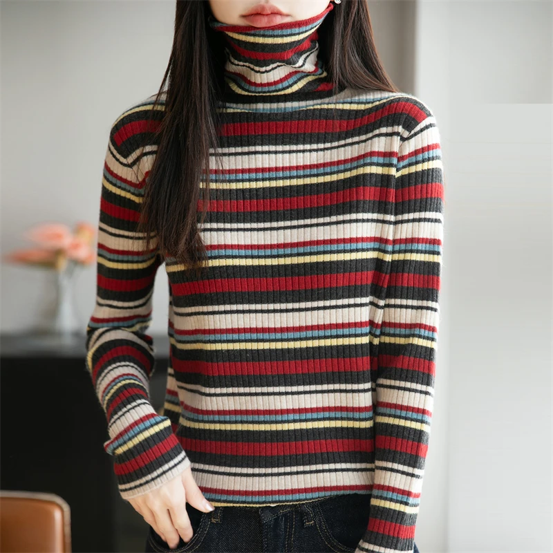 哥弟阿玛施正品冬季新款拼色彩虹条纹高领针织衫洋气减龄气质上衣
