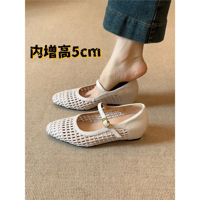 夏季法式内增高5cm真皮百搭包头透气浅口单鞋方头气质玛丽珍鞋