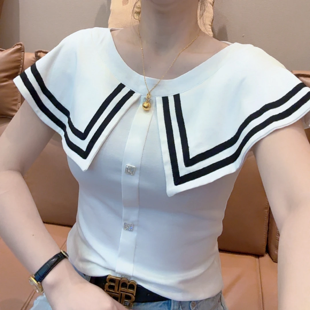 小敏家,夏季短袖女荷叶边拼接百搭设计感上衣洋气显瘦