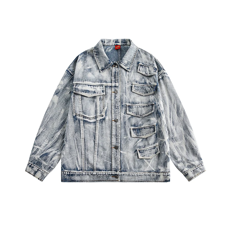 美式水洗做旧多口袋设计感重工牛仔外套-W180