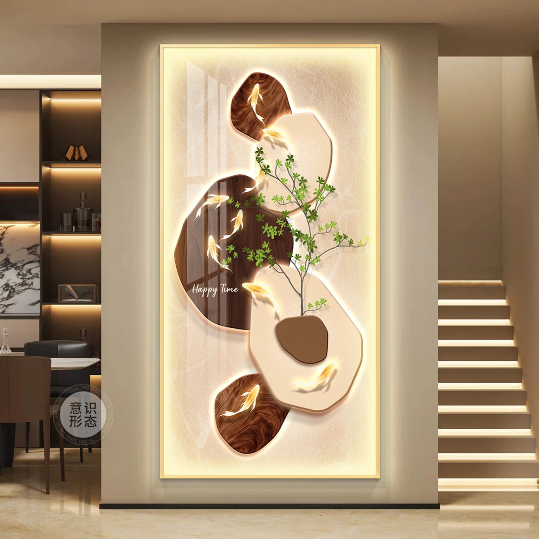 轻奢九鱼玄关装饰画轻奢大气入户正对门挂画led带灯走廊过道壁画