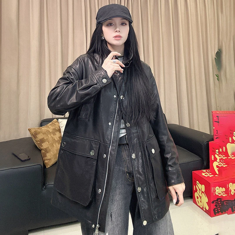 陈太同款2025秋季款真皮皮衣女宽松显瘦上衣中长款绵羊皮洋气外套