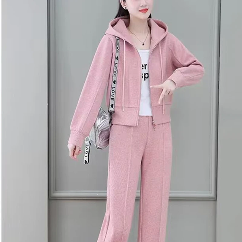 春秋休闲运动服套装女春季新款盐系轻熟连帽外套阔腿裤两件套