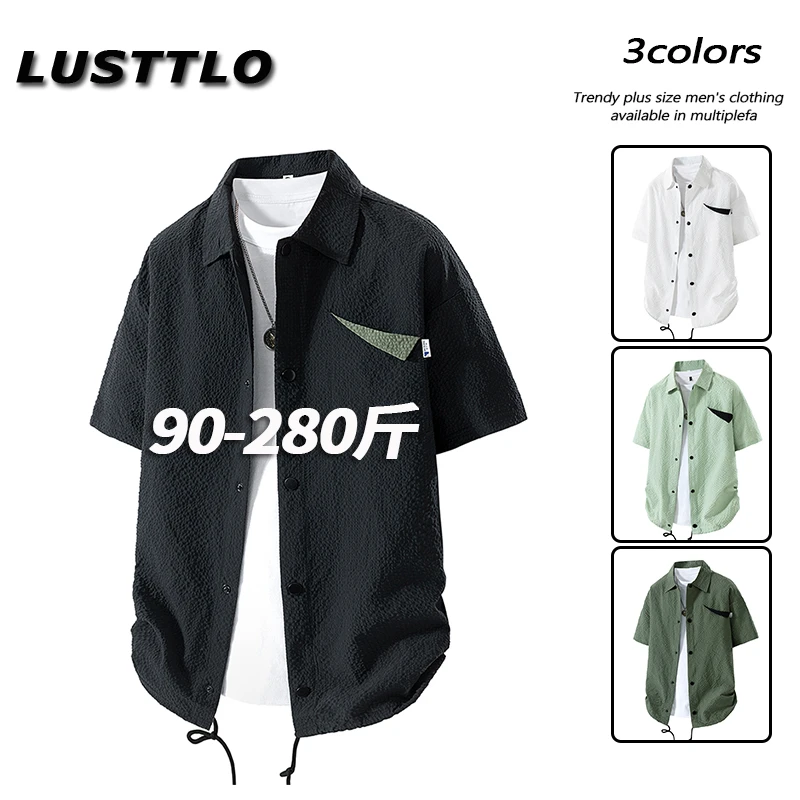 泡泡纱薄款大码短袖衬衫男士夏季新款宽松加肥加大小众中袖衬衣潮