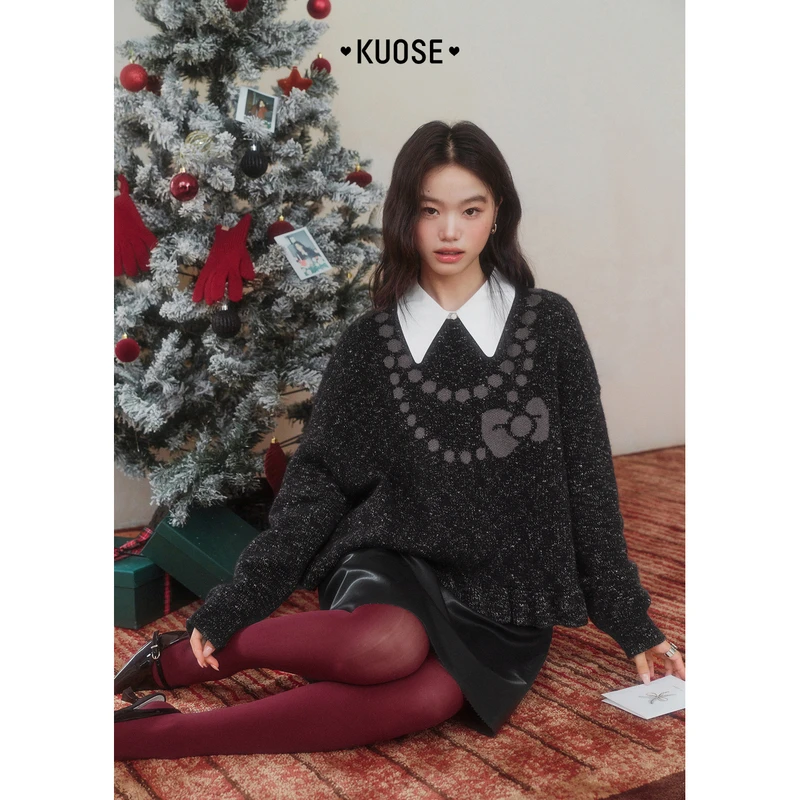 阔色蝴蝶结项链上衣女25秋冬新黑色花纱亮闪荷叶边毛衣KSH2511031