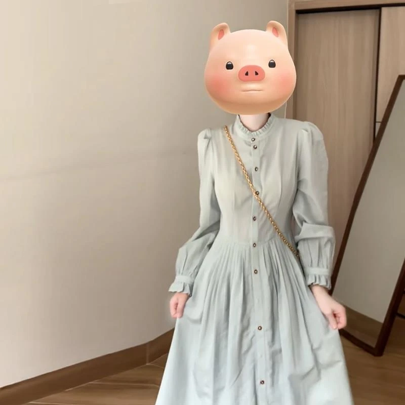 蓝色长袖衬衫连衣裙子女2024新款早秋季韩系氛围感小个子穿搭长裙