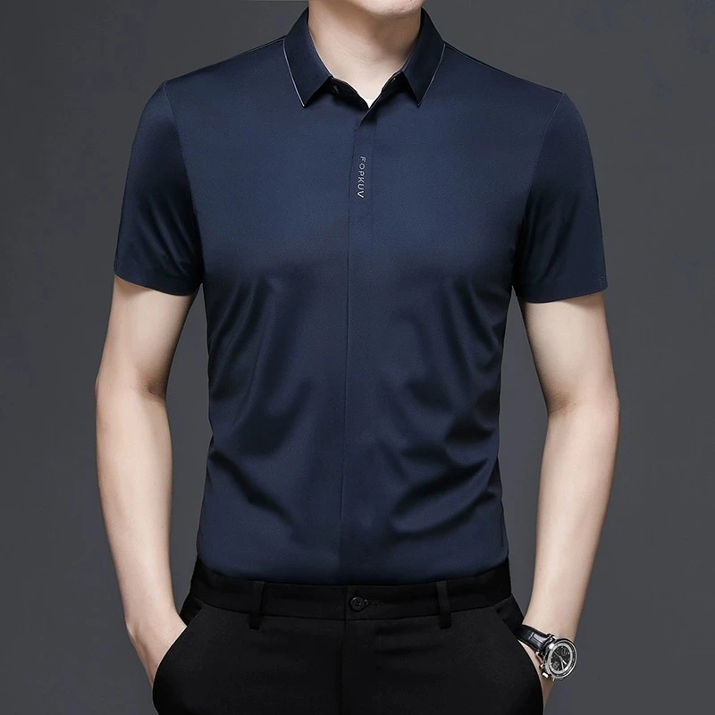 桑蚕丝高端衬衫男士短袖商务休闲夏季免烫抗皱冰丝高级感品牌衬衣