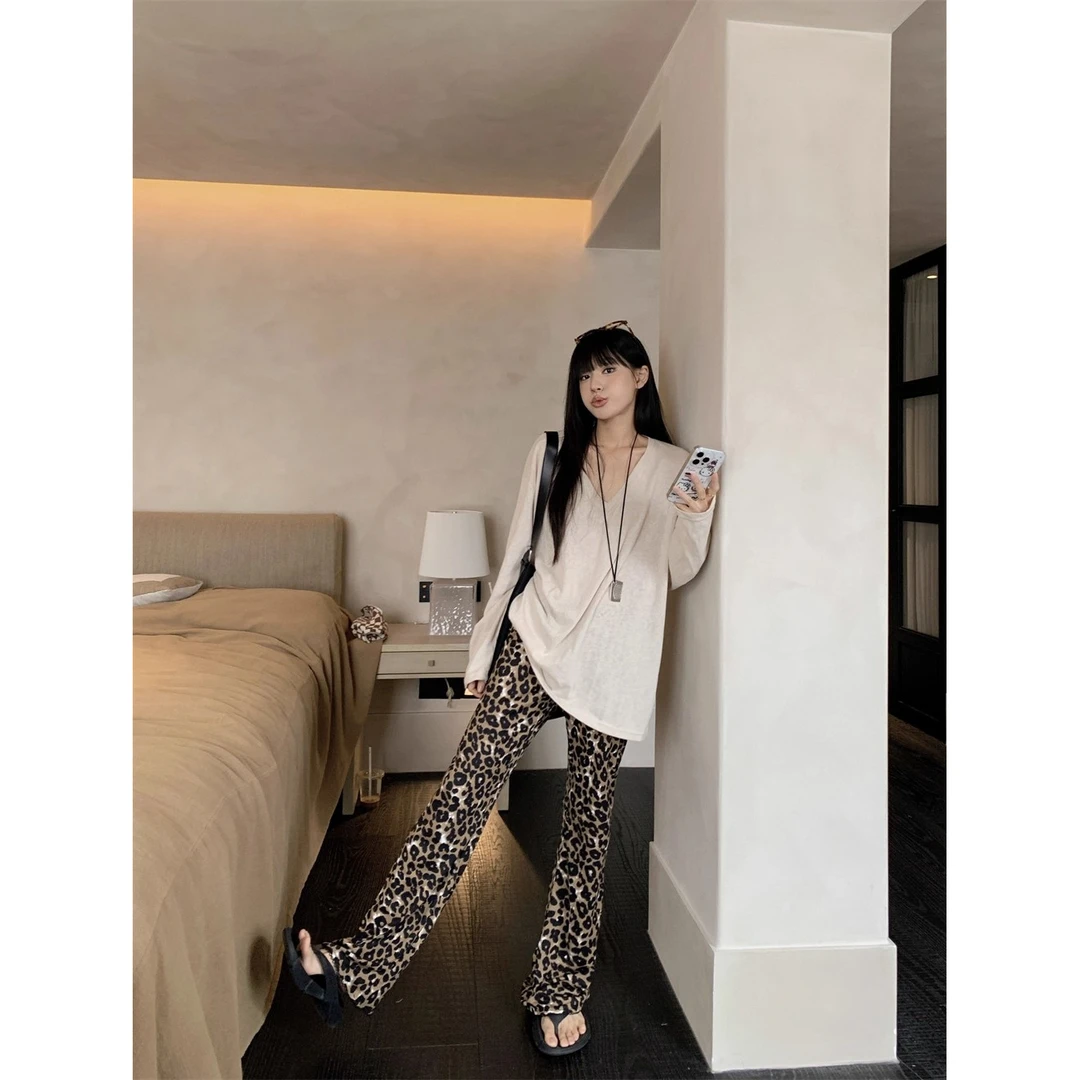 孕妇阔腿裤豹纹新款秋冬外穿设计感抽绳宽松慵懒显瘦百搭长裤加绒