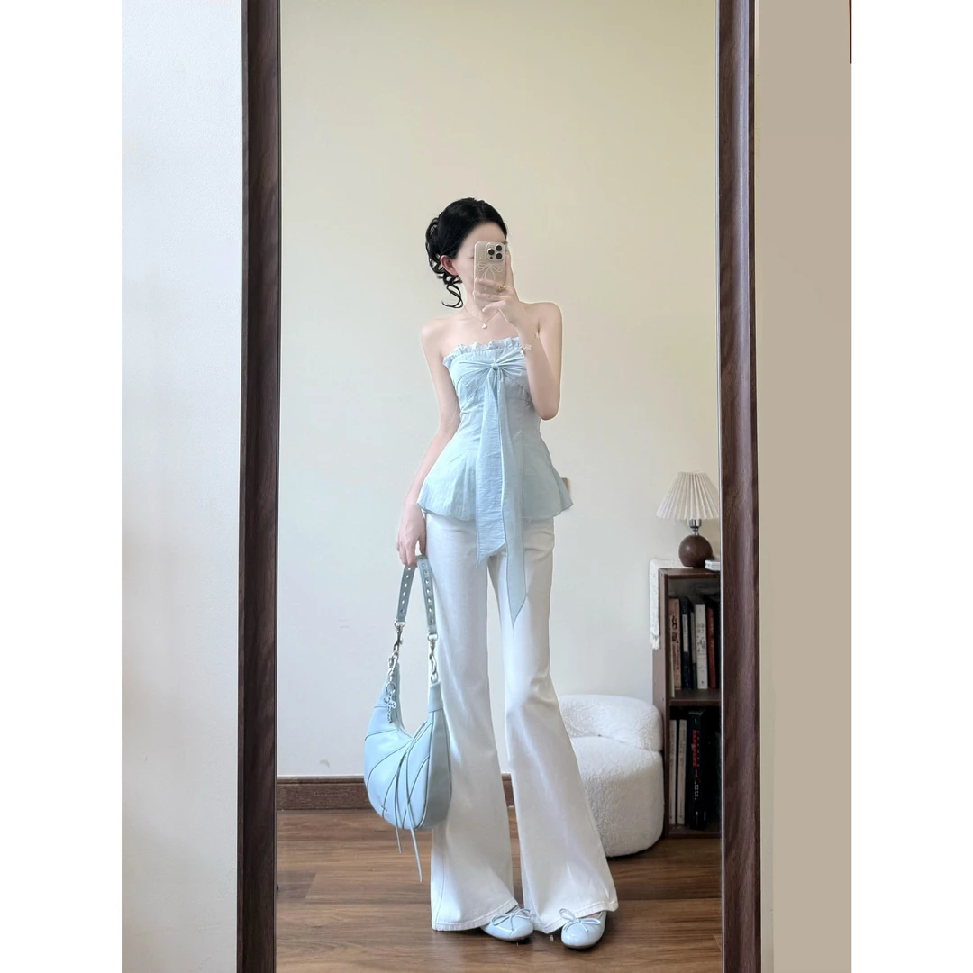 MARIE.COCO甜系纯欲风薄荷蓝蝴蝶结抹胸吊带上衣女微喇牛仔裤套装