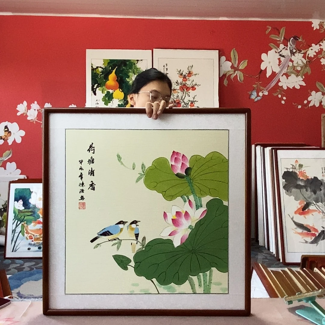 国画手写手绘国画作品带框包邮62✖️62