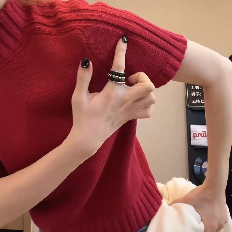 开春发财红休闲显瘦半高领ins针织短袖简约冬季纯色T恤1006