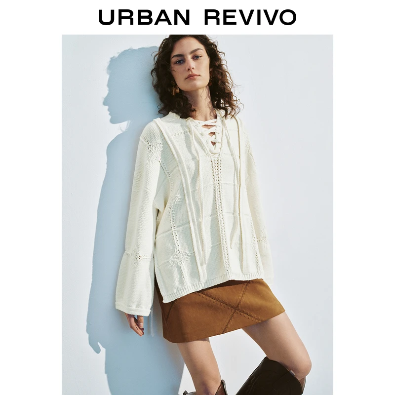 UR2025秋季新款女装慵懒休闲风肌理感系带V领针织衫UWH950009