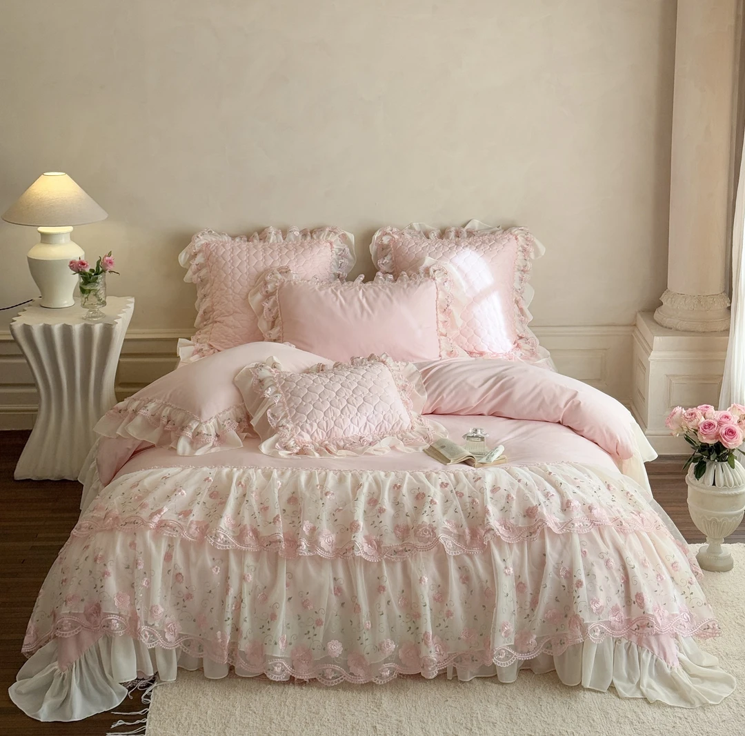 【晚香】新款少女心全棉轻奢法式公主风蕾丝荷叶边仙女床盖款四件套