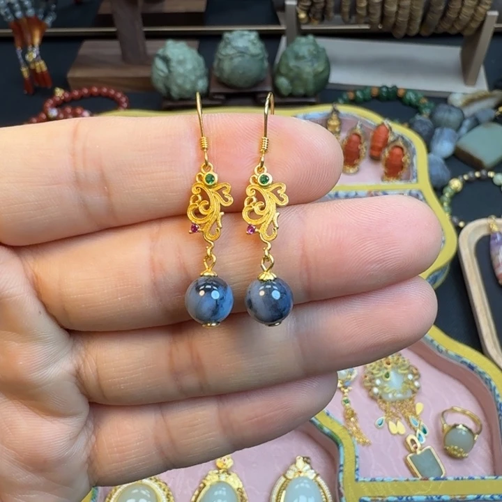 和田玉银S925镶嵌耳坠