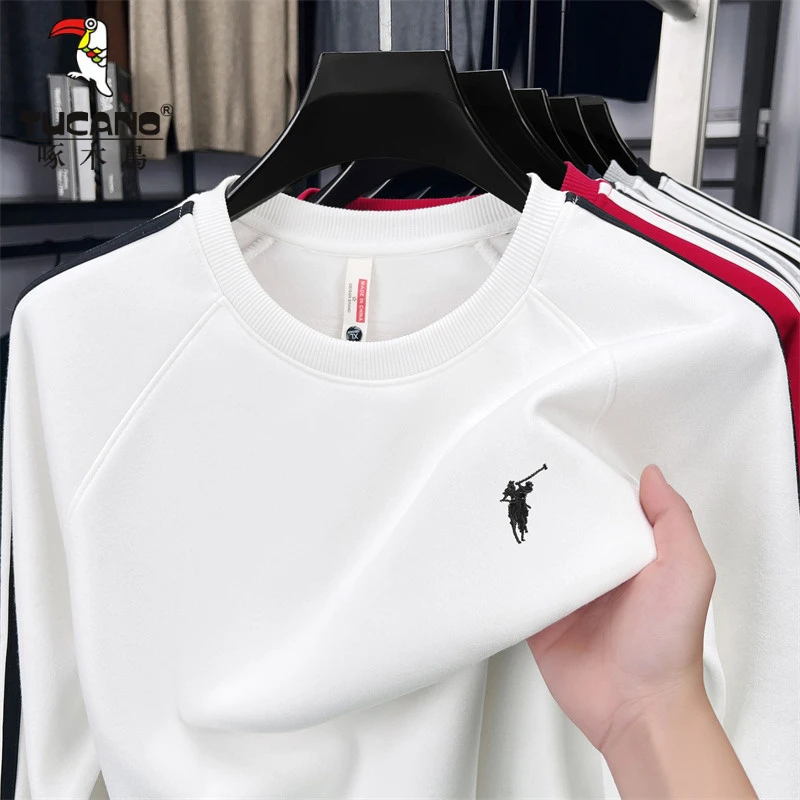啄木鸟新款重磅刺绣男款长袖T恤圆领马标休闲卫衣轻奢痞帅加厚t恤