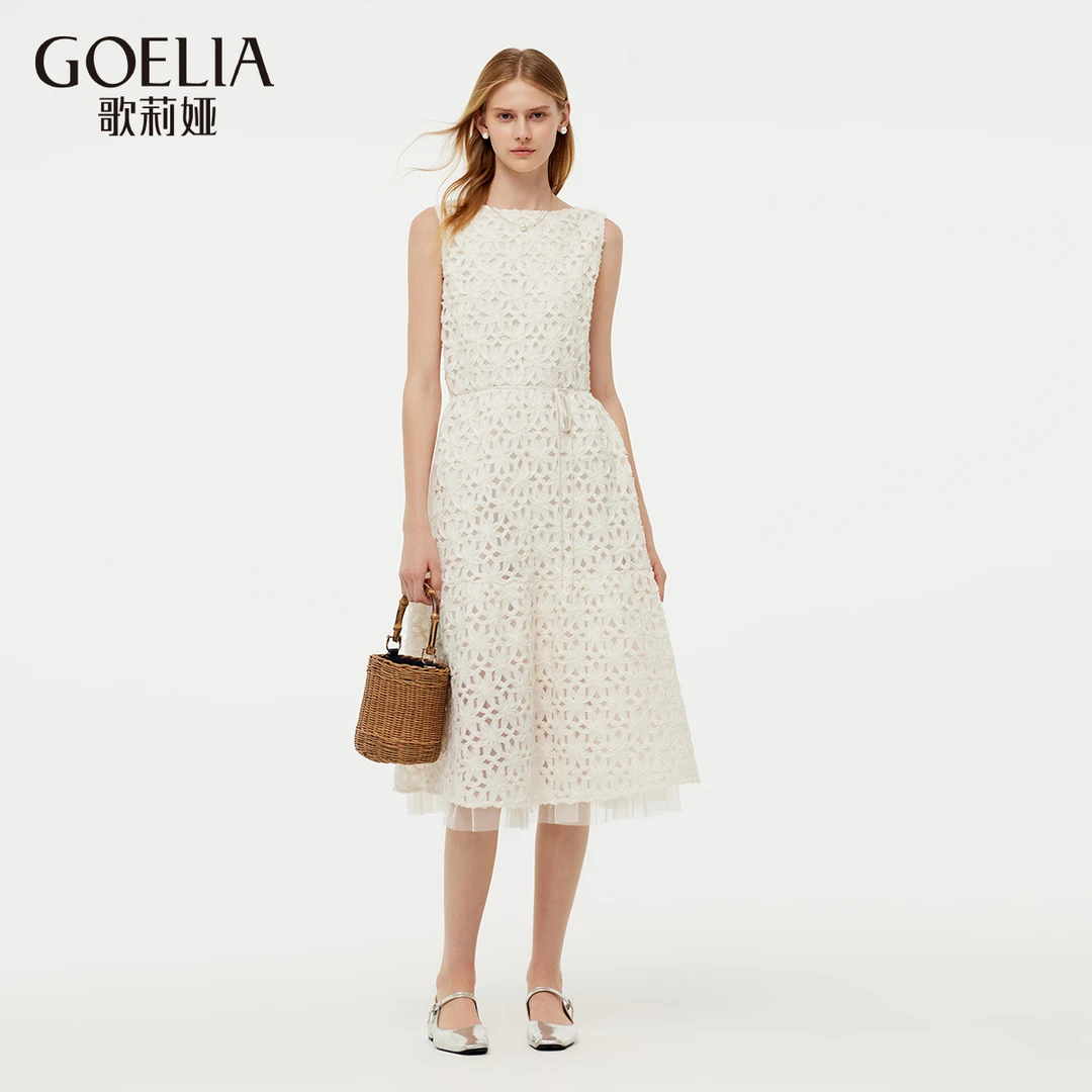 【福利款】歌莉娅夏季网布绣花连衣裙白色无袖收腰度假1E4R4K390