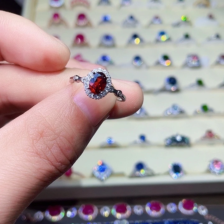 石榴石戒指银S925镶嵌美*