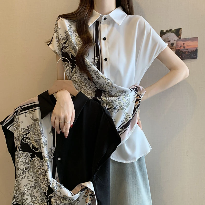 欧货设计感不规则雪纺短袖衬衫女大码微胖mm中长款收腰遮肚子上衣