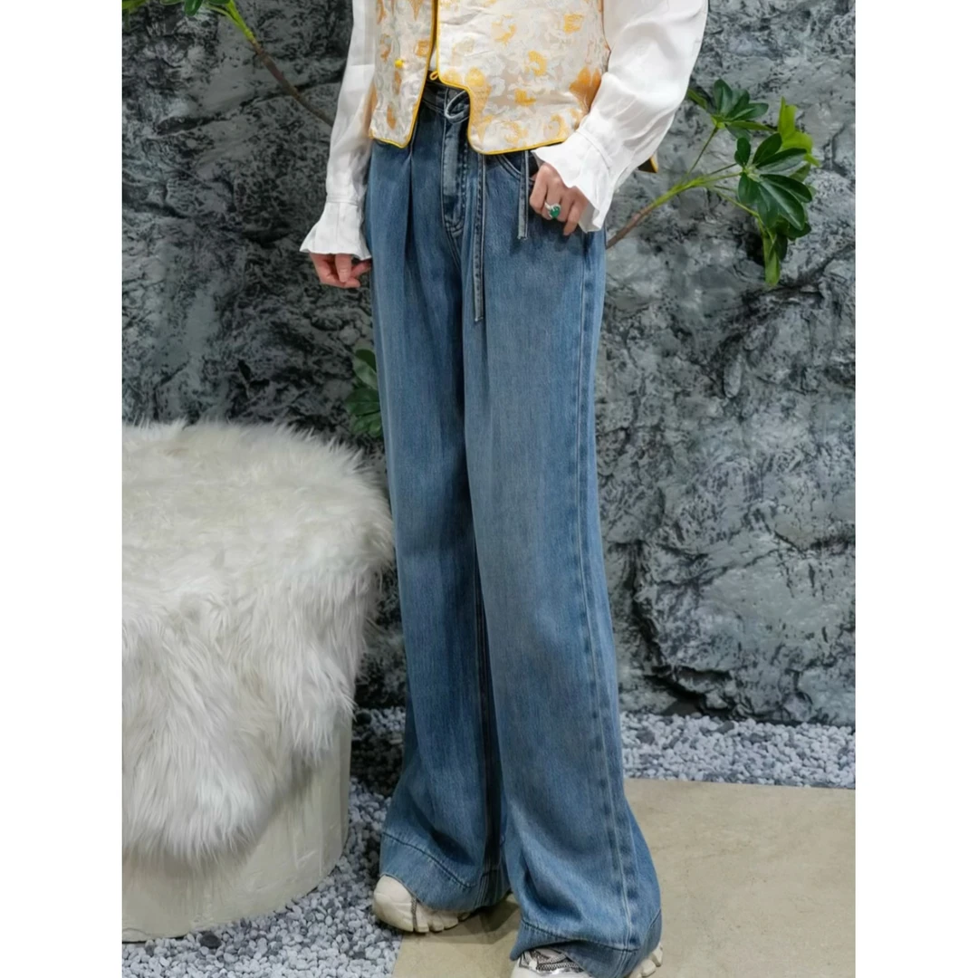 新中式国潮风时尚百搭复古宽松老钱风牛仔裤JM2203