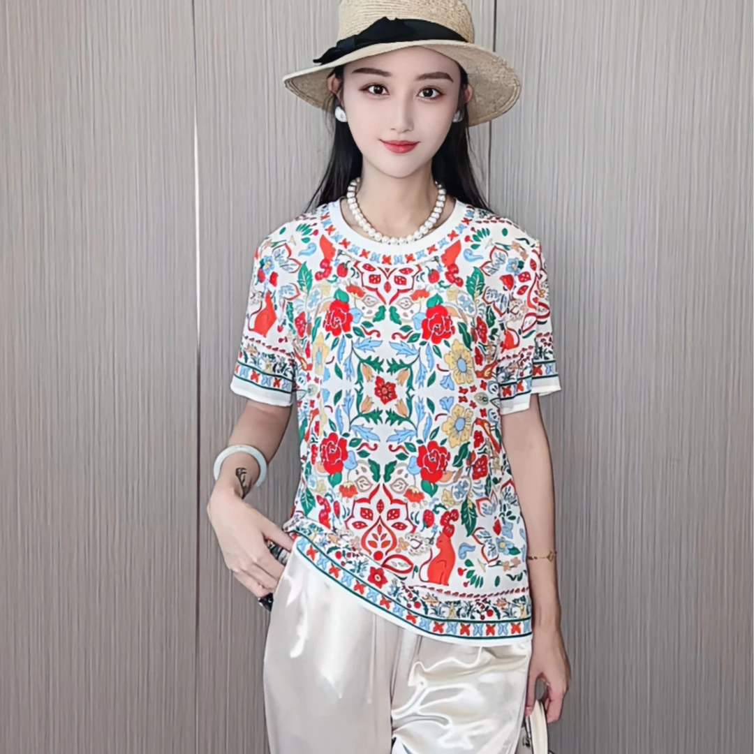 16姆米100桑蚕丝复古玫瑰花图腾气质全真丝女士短袖T恤女DX126