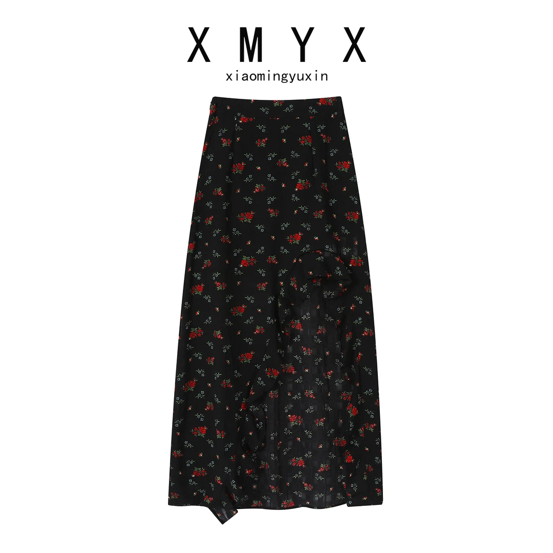 【XMYX】小碎花不规则荷叶边半身裙女夏季开叉花边裙摆设计长裙