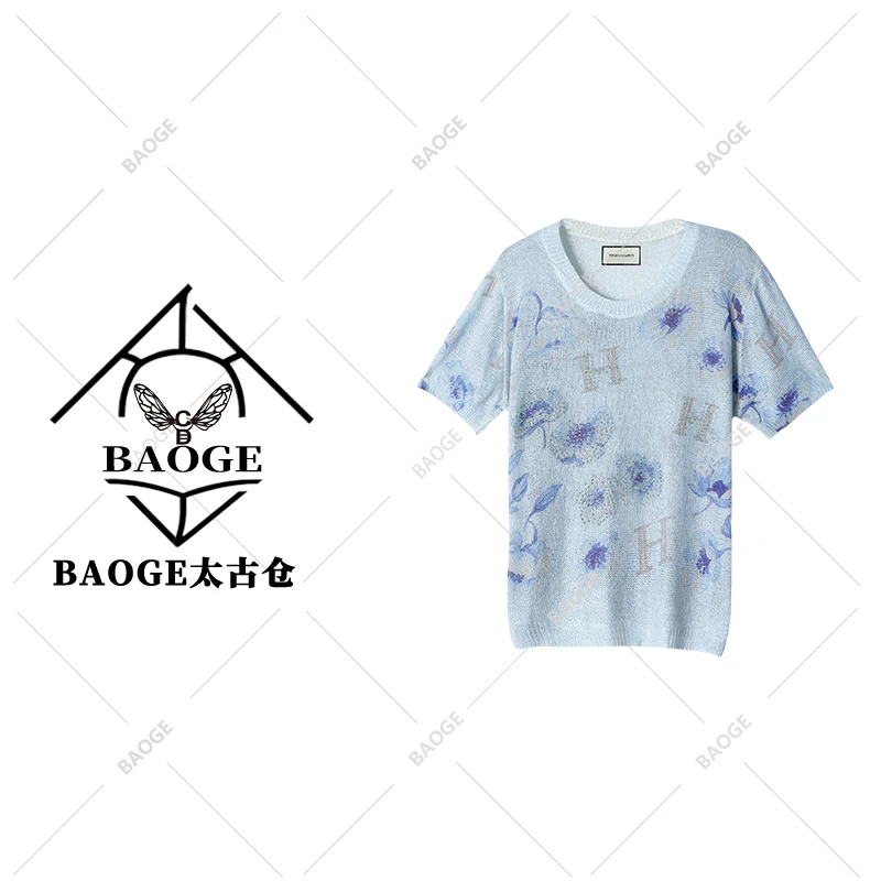 【BAOGE太古仓】轻奢重工短袖镶钻印染字母花朵薄套头毛衣针织5032