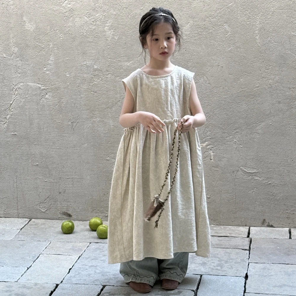 女童裙子2025春款儿童女孩韩系无袖背心连衣裙纯色休闲公主裙潮流