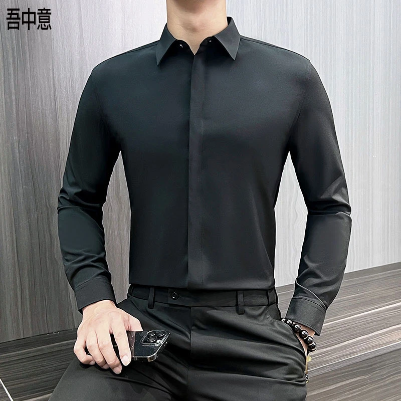 男士衬衫长袖弹力修身春秋商务正装休闲时尚百搭高级感暗扣衬衣男