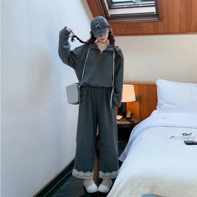 灰色连帽卫衣时尚套装女2025春季新款慵懒感蕾丝拼接阔腿裤两件套