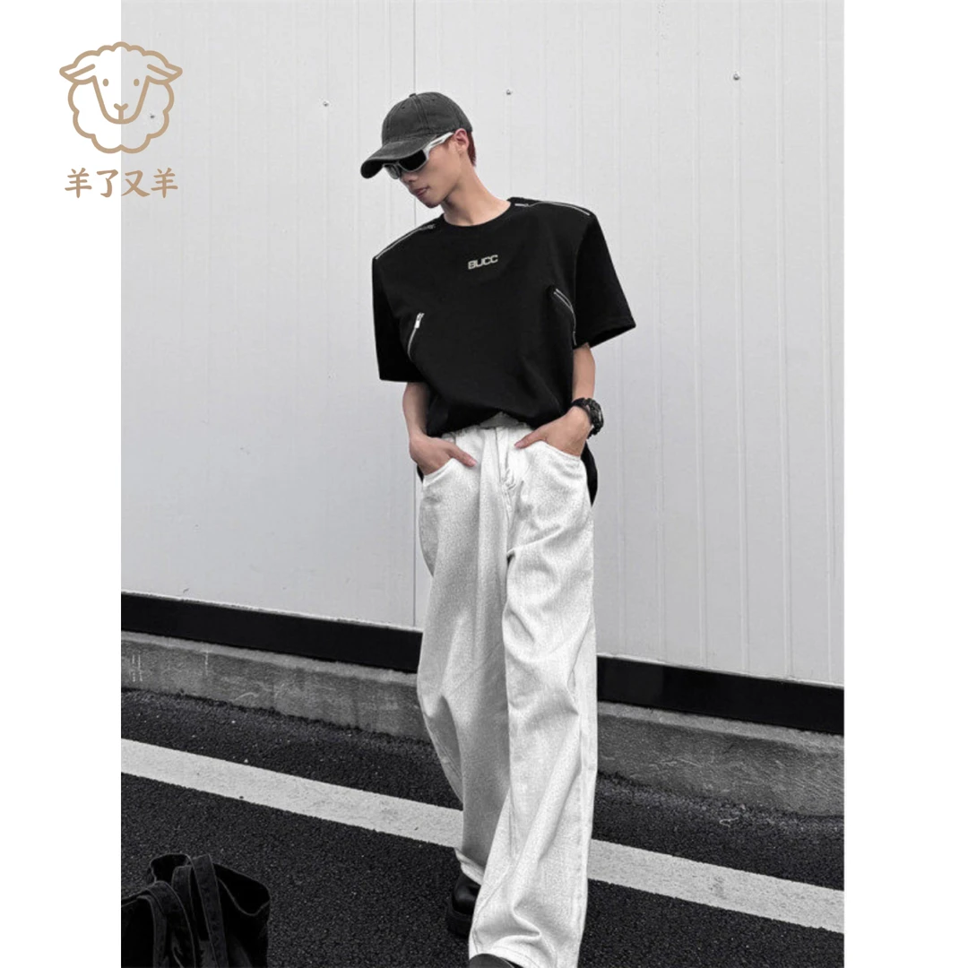 黑色垫肩T恤金属拉链设计感潮牌休闲痞帅短袖美式高街男夏季半袖