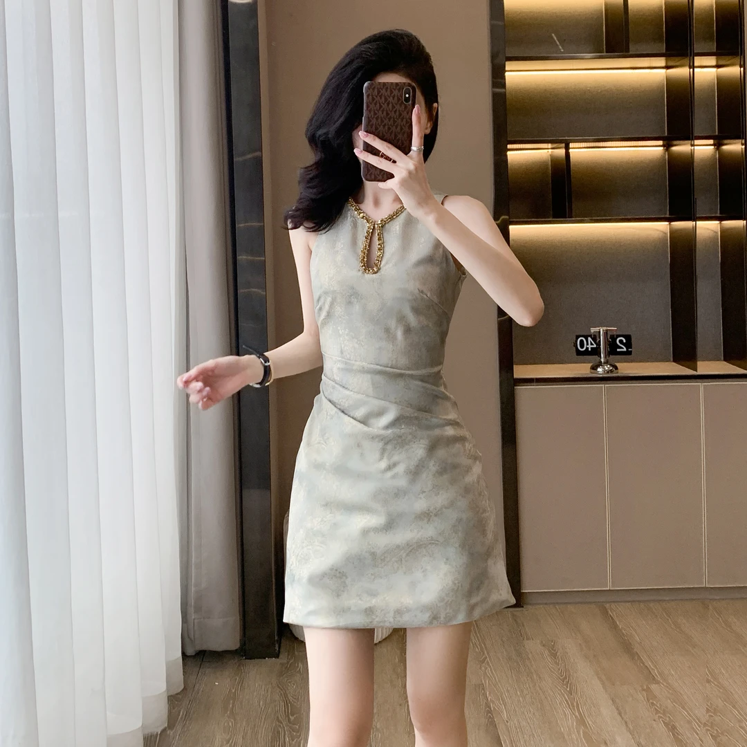 新中式鎏金旗袍连衣裙女小个子夏季新款镶钻国风气质无袖礼服短裙