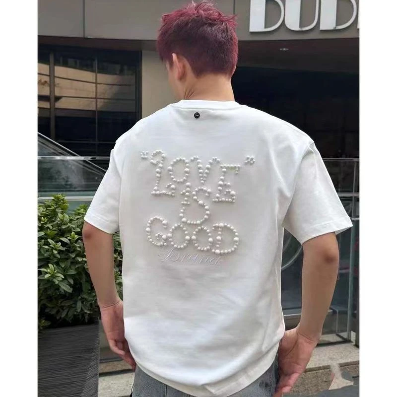 2025新款马卡龙限定配色珍珠标语潮牌短袖T恤男女情侣同款上衣潮